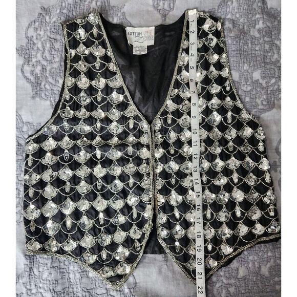 Vtg 80s COTTON ZONE India SILK Black Silver SEQUIN Fish Scale Pattern VEST M EUC - Picture 8 of 8
